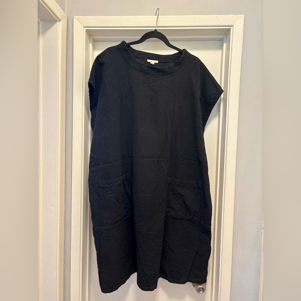 100% Organic Cotton Textured Shift Dress w/Pockets | Eileen Fisher | 2X | Black